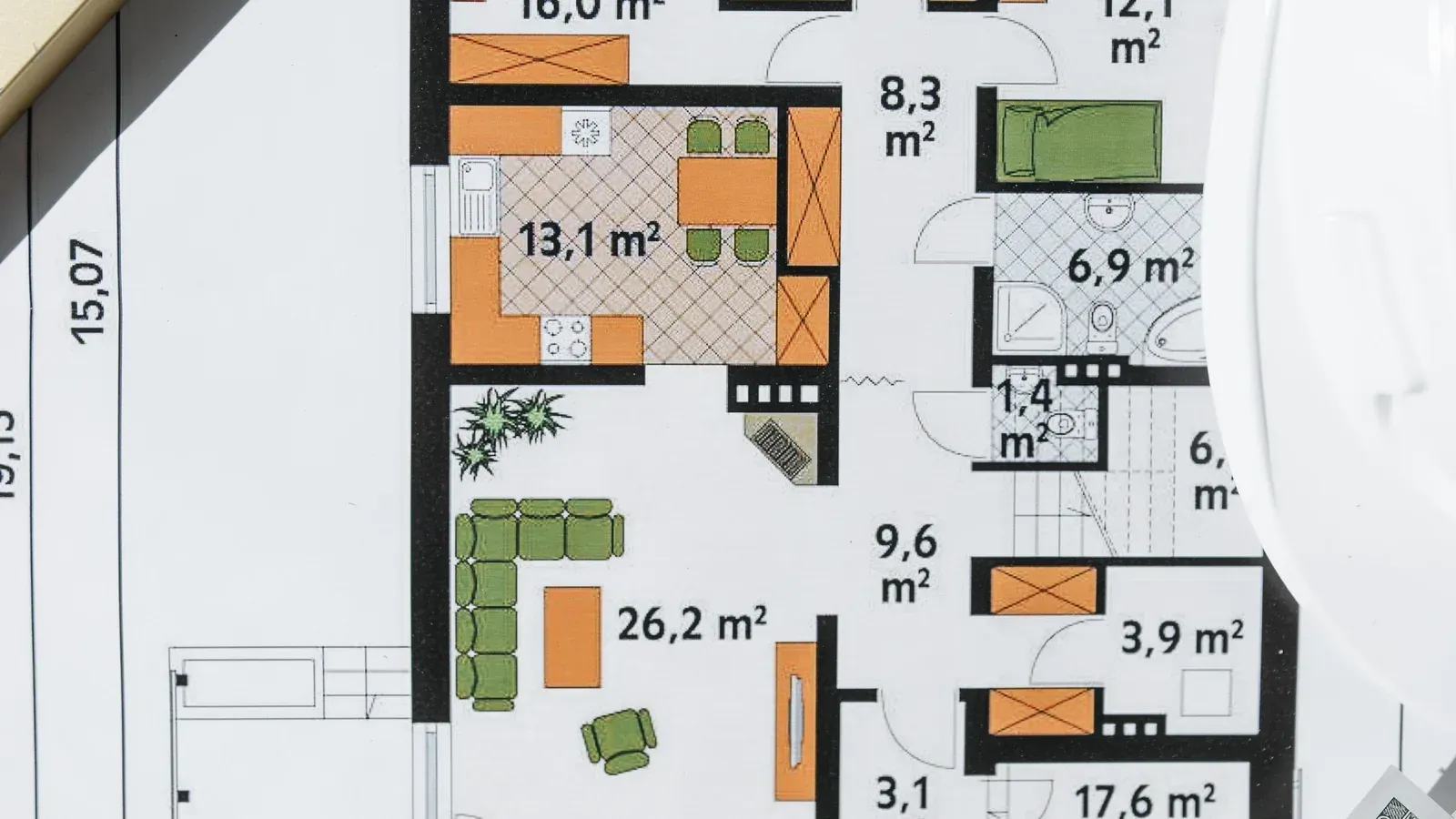 Grundriss eines Einfamilienhauses mit Flächenangaben in Quadratmetern