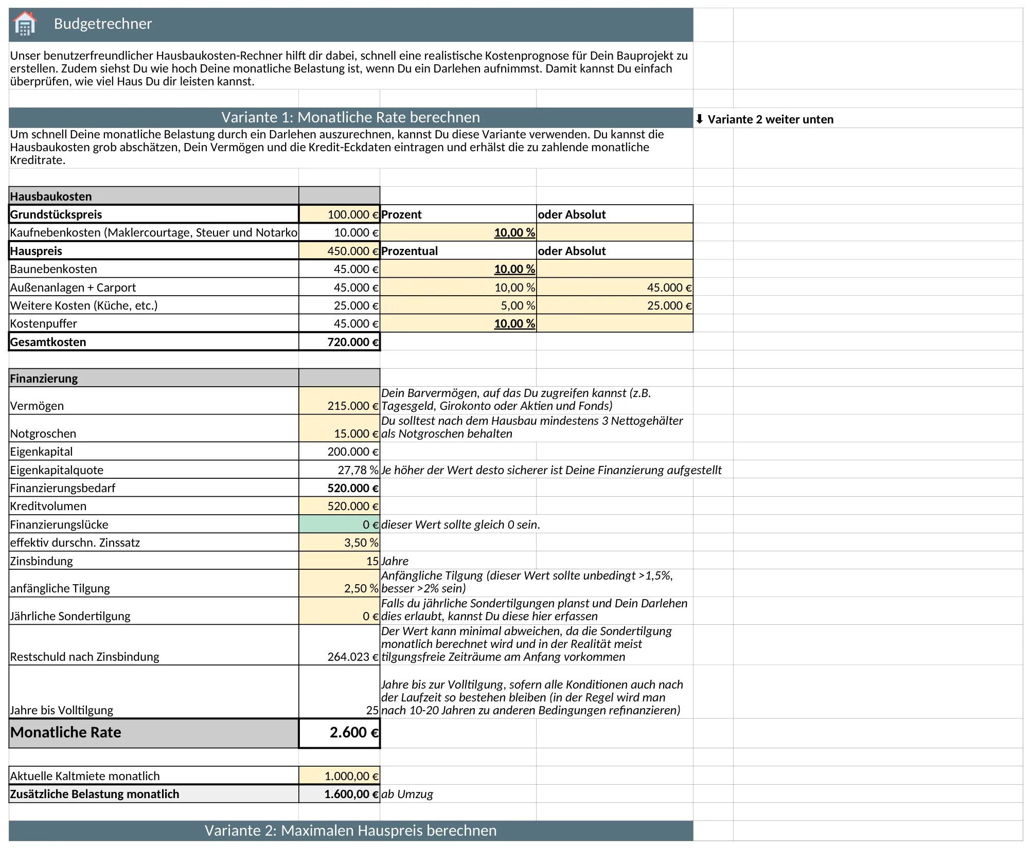 Hausbau Excel Light: Budgetrechner mit Hausbaukosten, Finanzierung und monatlicher Rate